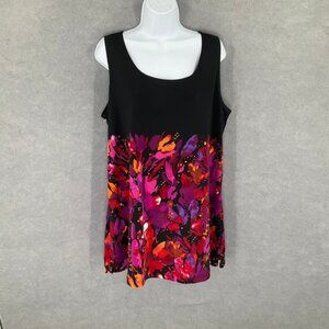 Susan Graver Liquid Knit Tank Top‎ 1X Black Floral Bold Artsy Sleeveless Blouse